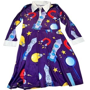 Science Teacher Rocket Magnet Print Dress Purple Long Sleeve Costume Cosplay M